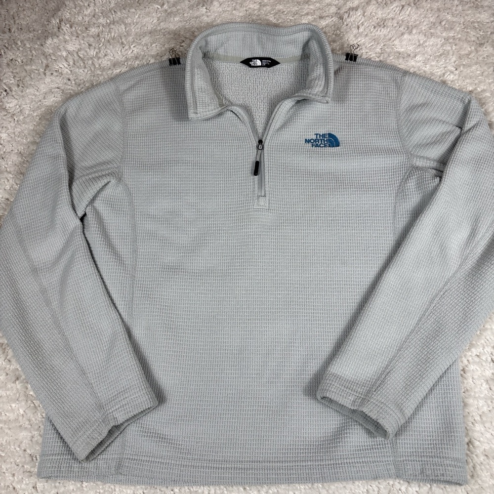 The North Face Men’s Gray Waffle Fleece Quarter Zip Pullover Large Blue Logo
